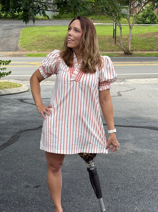 Orange & White Striped Smocked Puff Sleeve Dress