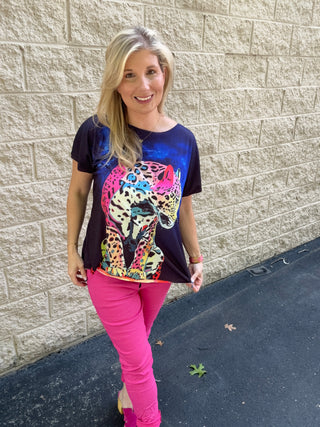 Neon Art Leopard Italian Oversized Graphic Top