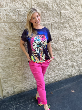 Neon Art Leopard Italian Oversized Graphic Top