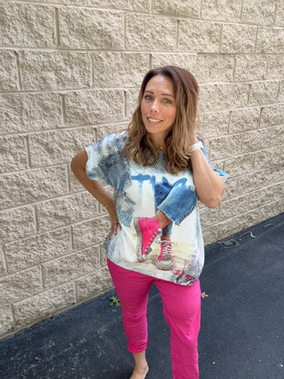 Italian Oversized Pink Sneaker Graphic Top – One Size (Fits 4-12)