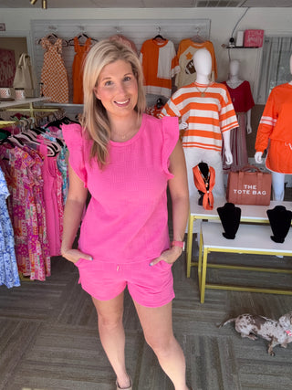 Hot Pink Ruffle Sleeve Hatch Embossed Set