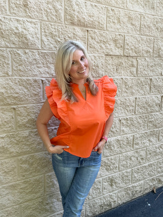 The Vol Classic: Ruffle Sleeve Contrast-Stitch Woven Top