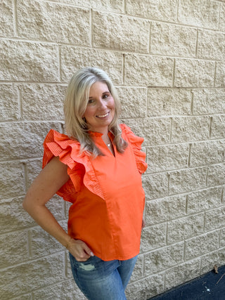 The Vol Classic: Ruffle Sleeve Contrast-Stitch Woven Top