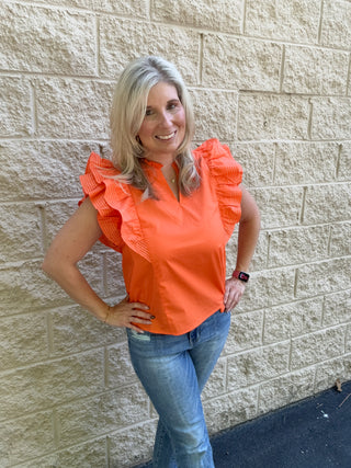 The Vol Classic: Ruffle Sleeve Contrast-Stitch Woven Top
