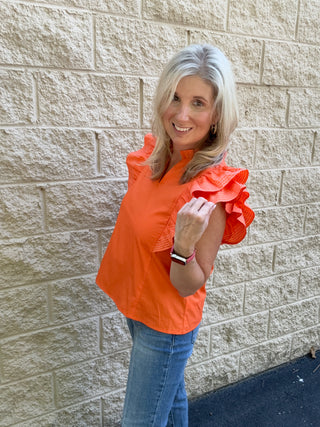 The Vol Classic: Ruffle Sleeve Contrast-Stitch Woven Top