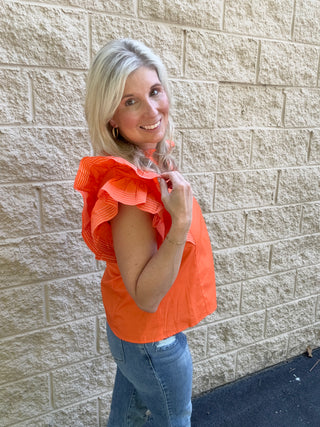 The Vol Classic: Ruffle Sleeve Contrast-Stitch Woven Top