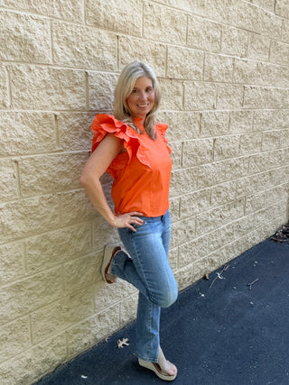 The Vol Classic: Ruffle Sleeve Contrast-Stitch Woven Top