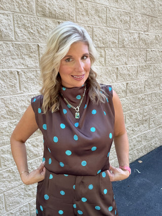 Satin Polka Dot Cowl Mock Neck Sleeveless Blouse