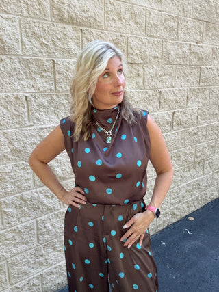 Satin Polka Dot Cowl Mock Neck Sleeveless Blouse
