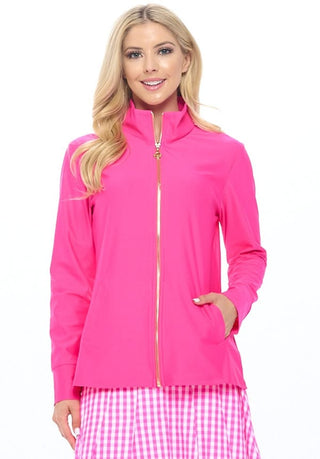 A woman wearing a fitted hot pink full-zip jacket with a mock neckline, gold-tone zipper, long sleeves with ribbed cuffs, and side hand pockets.