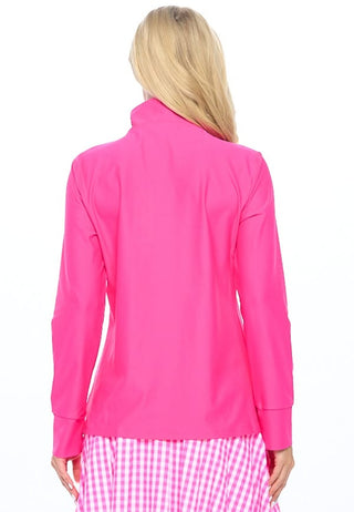 A woman wearing a fitted hot pink full-zip jacket with a mock neckline, gold-tone zipper, long sleeves with ribbed cuffs, and side hand pockets.