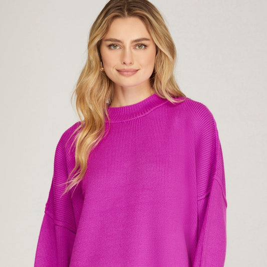 Cozy Drop Shoulder Oversized Mock Neck Sweater – Magenta Pink