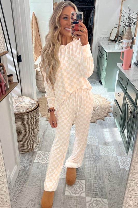 Beige Checkered Long Sleeve Lounge Set