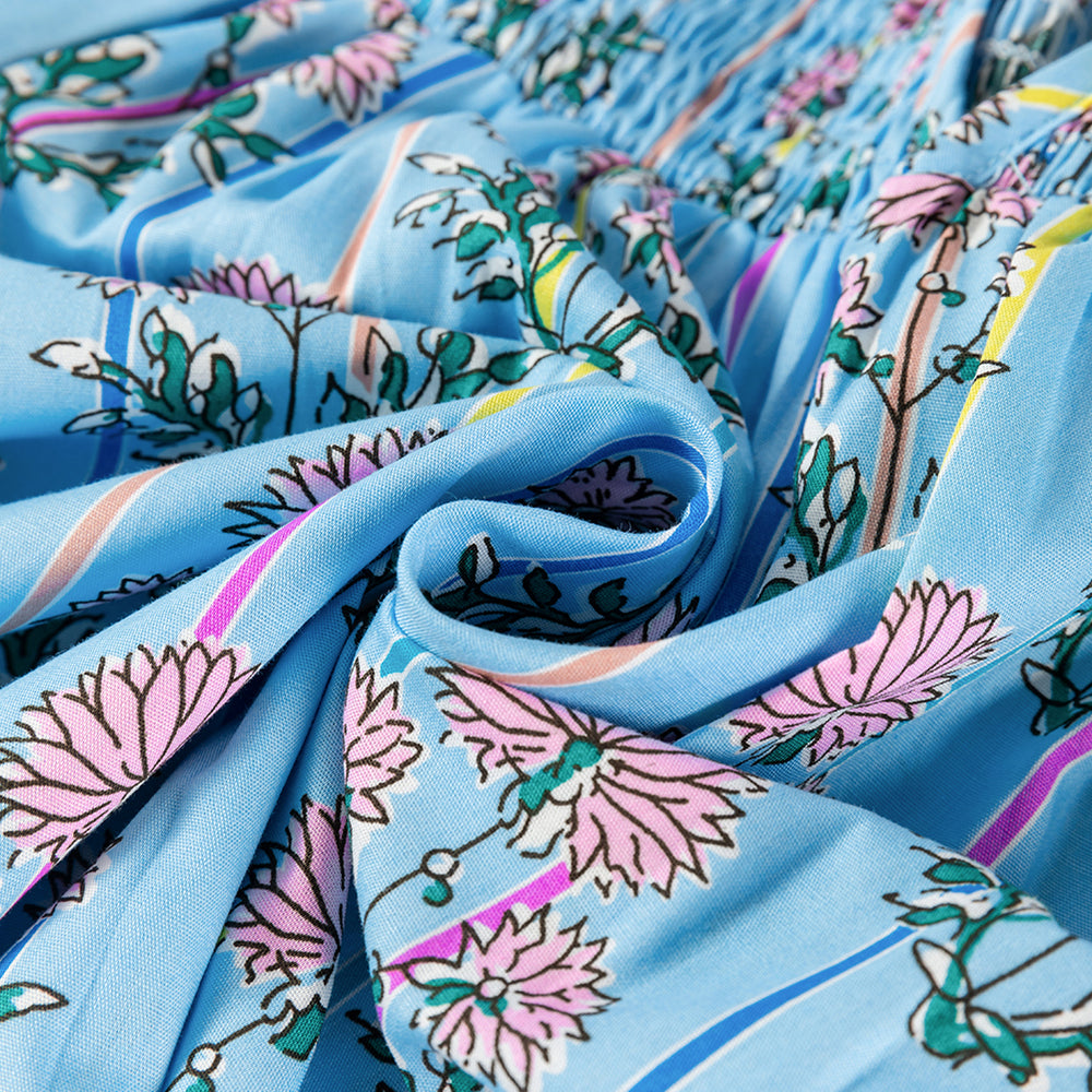 
                  
                    Sky Blue Floral Shirred Split Neck Blouse - Women > Tops
                  
                
