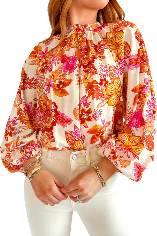 Orange Floral Print Pearl Button Keyhole Puff Sleeve Blouse