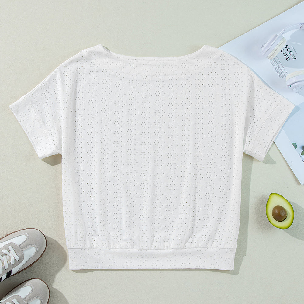 
                  
                    White Eyelet Boat Neck Casual Tee - Women > Tops
                  
                