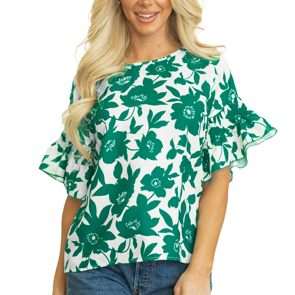 Green Floral Ruffle Sleeve Blouse - Women > Tops