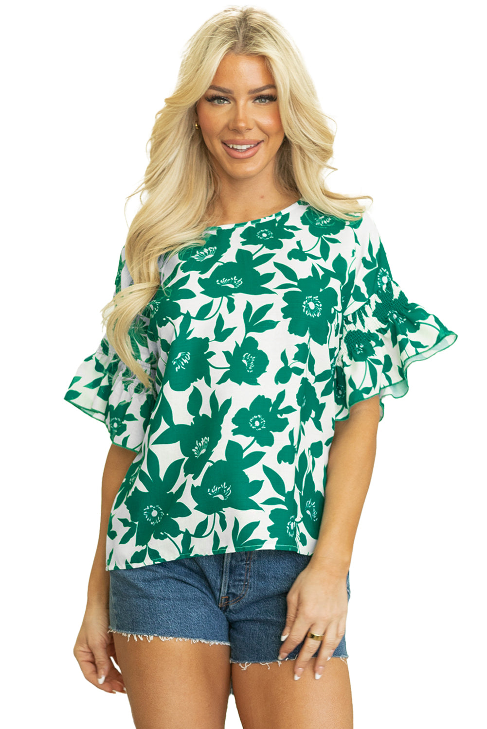 Green Floral Ruffle Sleeve Blouse - Women > Tops
