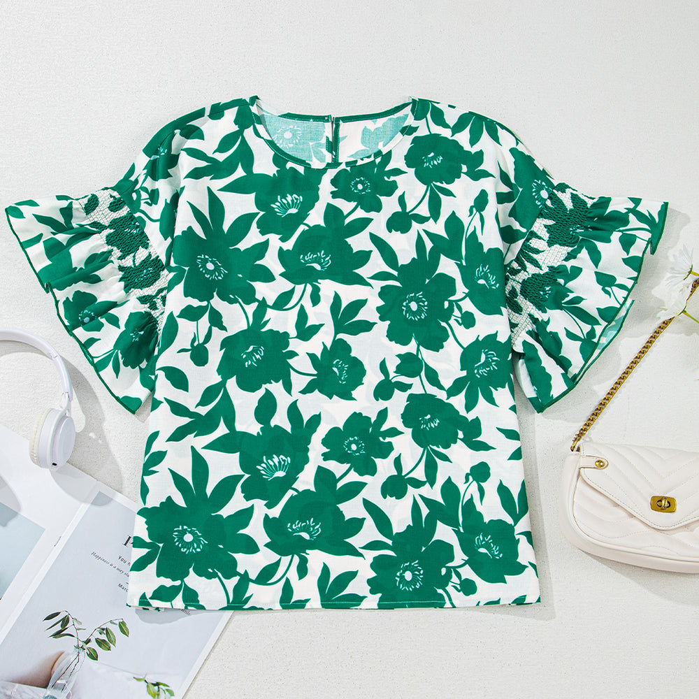 
                  
                    Green Floral Ruffle Sleeve Blouse - Women > Tops
                  
                