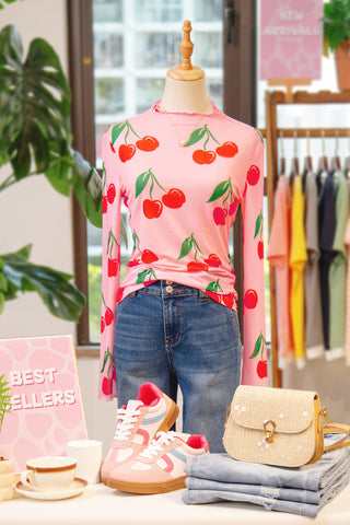 Pink Cherry Print Mesh Top – Ruffle Trim Long Sleeve Mock Neck