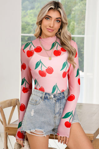 Pink Cherry Print Mesh Top – Ruffle Trim Long Sleeve Mock Neck