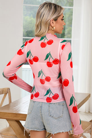 Pink Cherry Print Mesh Top – Ruffle Trim Long Sleeve Mock Neck