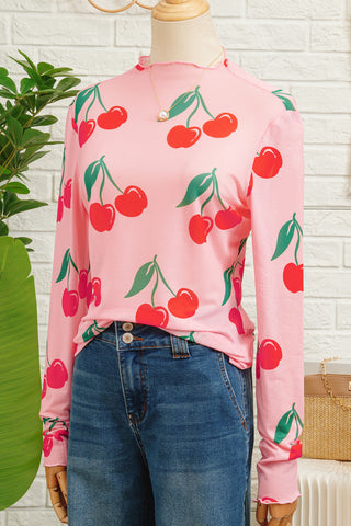 Pink Cherry Print Mesh Top – Ruffle Trim Long Sleeve Mock Neck