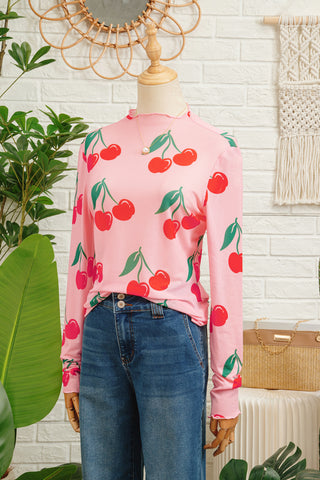 Pink Cherry Print Mesh Top – Ruffle Trim Long Sleeve Mock Neck