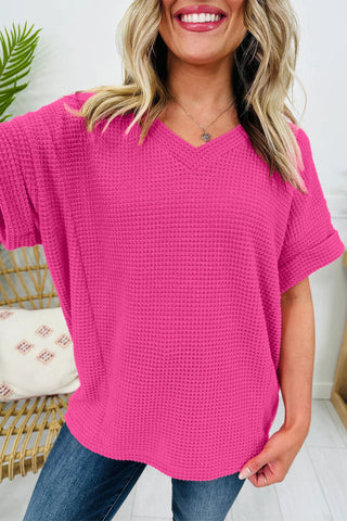 Strawberry Pink Waffle Knit V-Neck Top with Chic Cuffed Sleeves