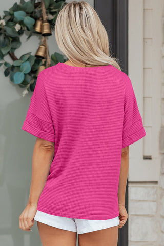 Strawberry Pink Waffle Knit V-Neck Top with Chic Cuffed Sleeves