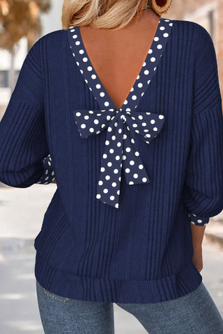 Navy Polka Dot Ribbed V-Neck Top with Back Bow Detail