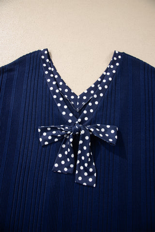 Navy Polka Dot Ribbed V-Neck Top with Back Bow Detail