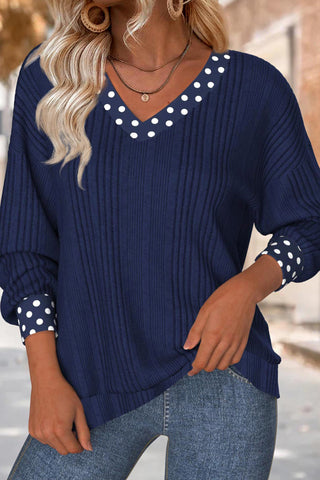 Navy Polka Dot Ribbed V-Neck Top with Back Bow Detail