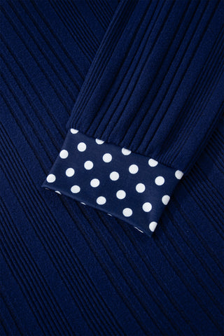 Navy Polka Dot Ribbed V-Neck Top with Back Bow Detail
