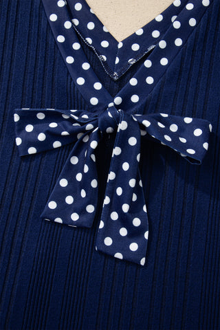 Navy Polka Dot Ribbed V-Neck Top with Back Bow Detail
