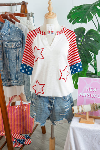 Star-Spangled Americana V-Neck Patchwork Summer Top