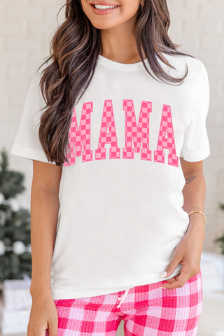 Retro Pink Checkered MAMA Graphic Tee – Ultra-Soft Cotton Blend