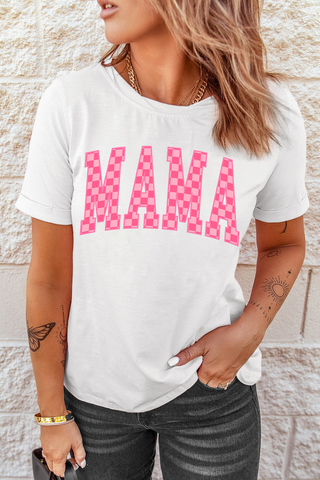 Retro Pink Checkered MAMA Graphic Tee – Ultra-Soft Cotton Blend