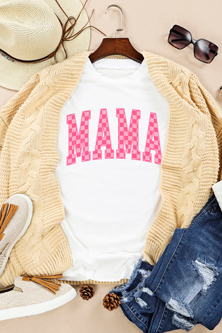 Retro Pink Checkered MAMA Graphic Tee – Ultra-Soft Cotton Blend