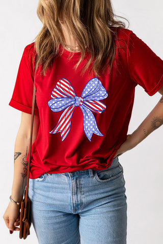 Patriotic American Flag Bow Graphic T-Shirt – Festive Red