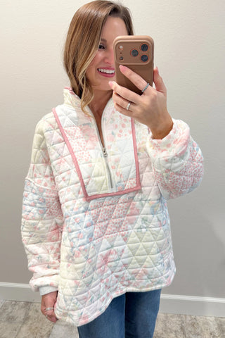 Vintage Floral Quilted Quarter-Zip Pullover – Cozy Pastel Sweatshirt