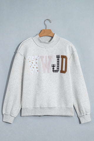 WWJD Patchwork Embroidered Mock Neck Sweatshirt in Heather Gray