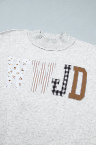 WWJD Patchwork Embroidered Mock Neck Sweatshirt in Heather Gray