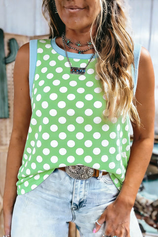 Jade Polka Dot Contrast Trim Sleeveless Summer Tank Top