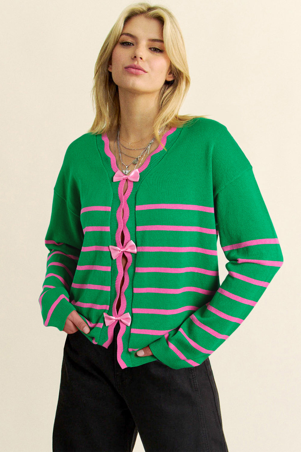 Green Stripe Knit Cardigan with Bow Detail