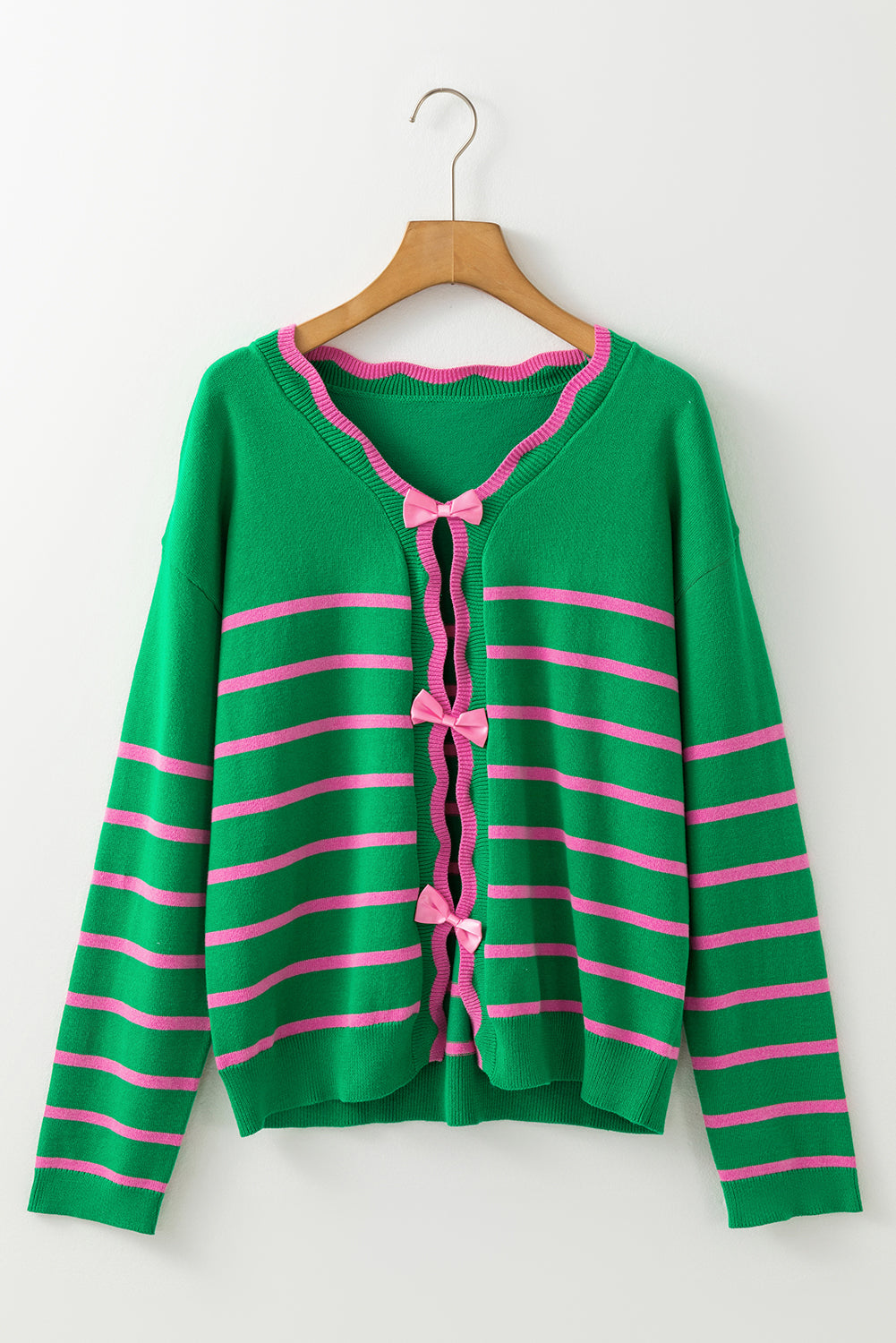 Green Stripe Knit Cardigan with Bow Detail