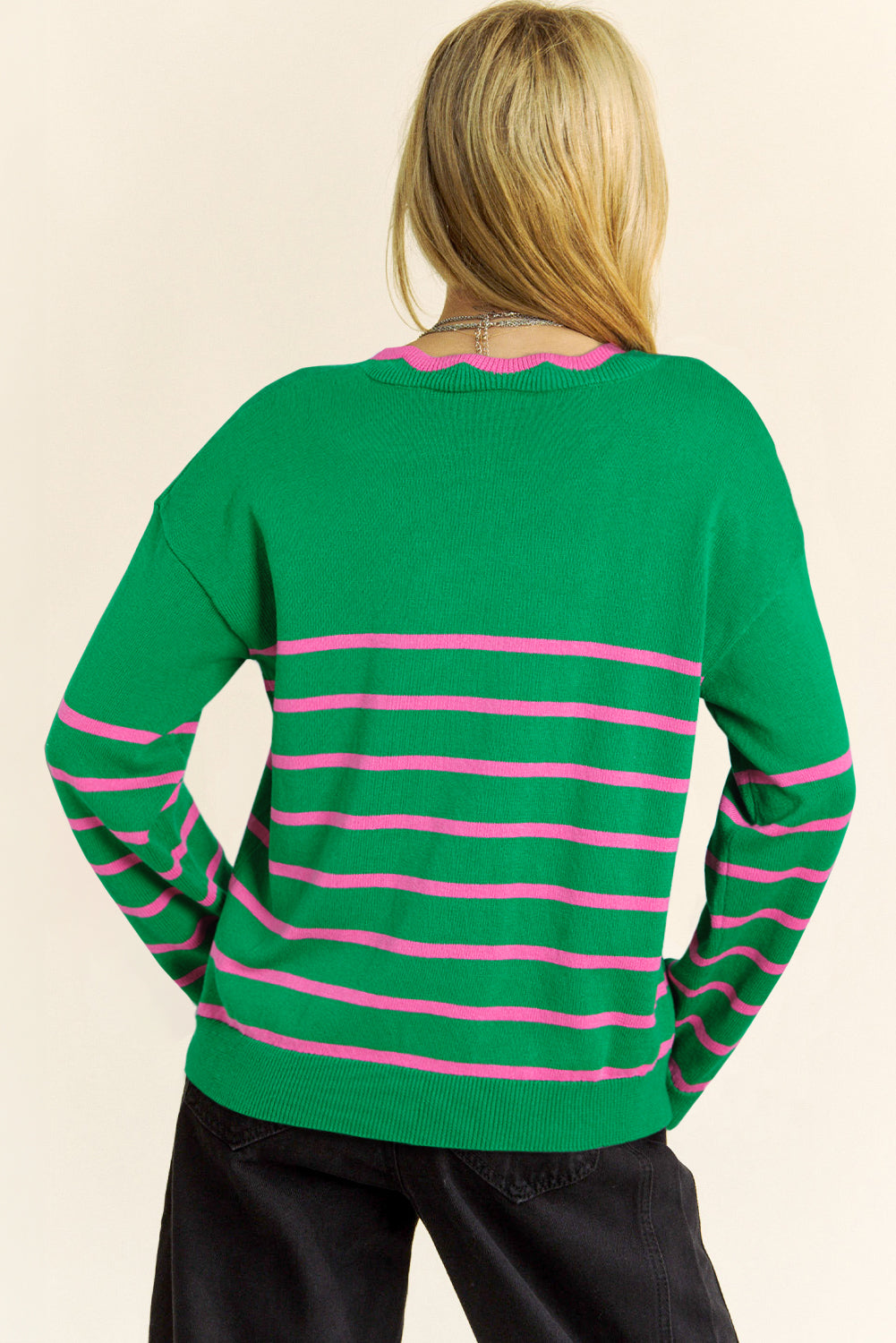 Green Stripe Knit Cardigan with Bow Detail