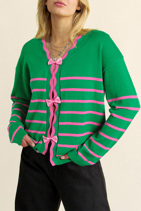 Green Stripe Knit Cardigan with Bow Detail