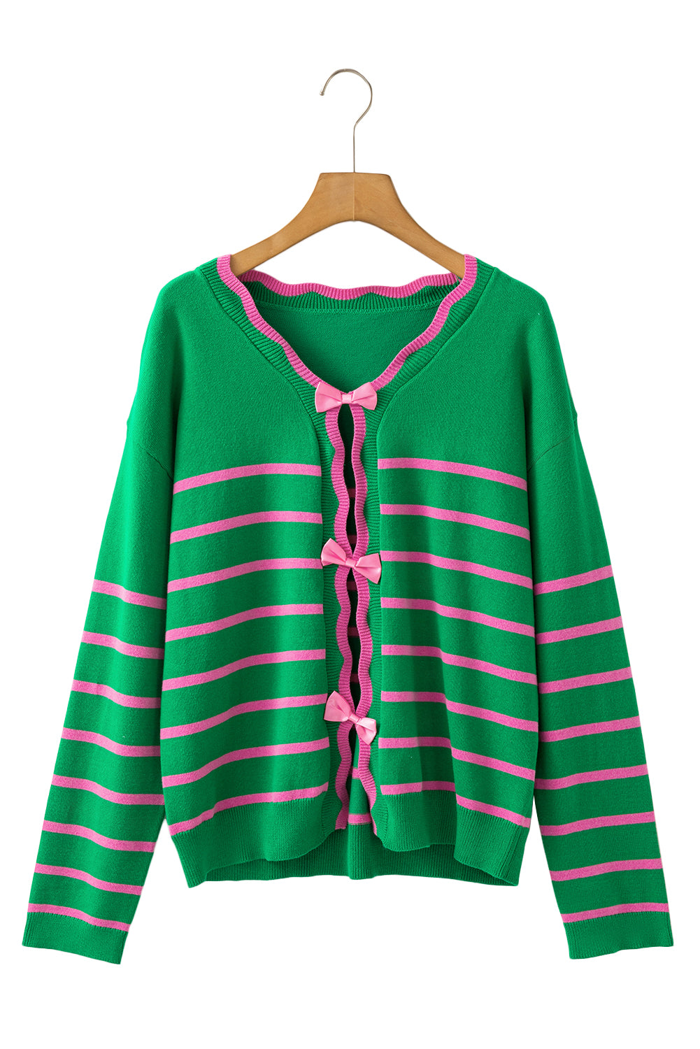 Green Stripe Knit Cardigan with Bow Detail