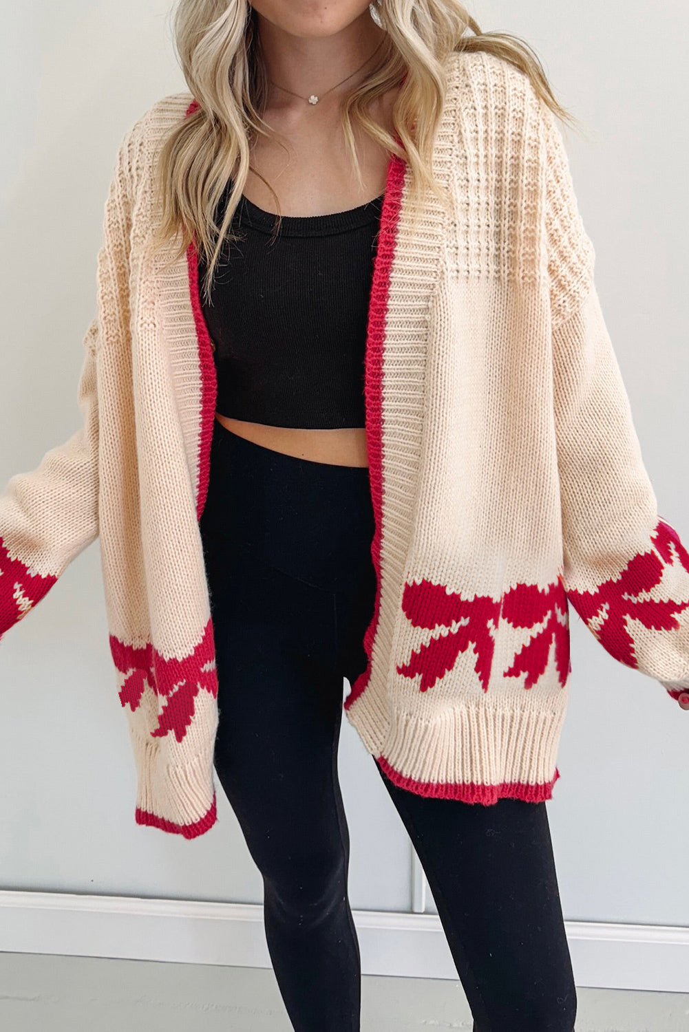 Apricot Bow Pattern Open Front Cardigan – The Pink Doxie